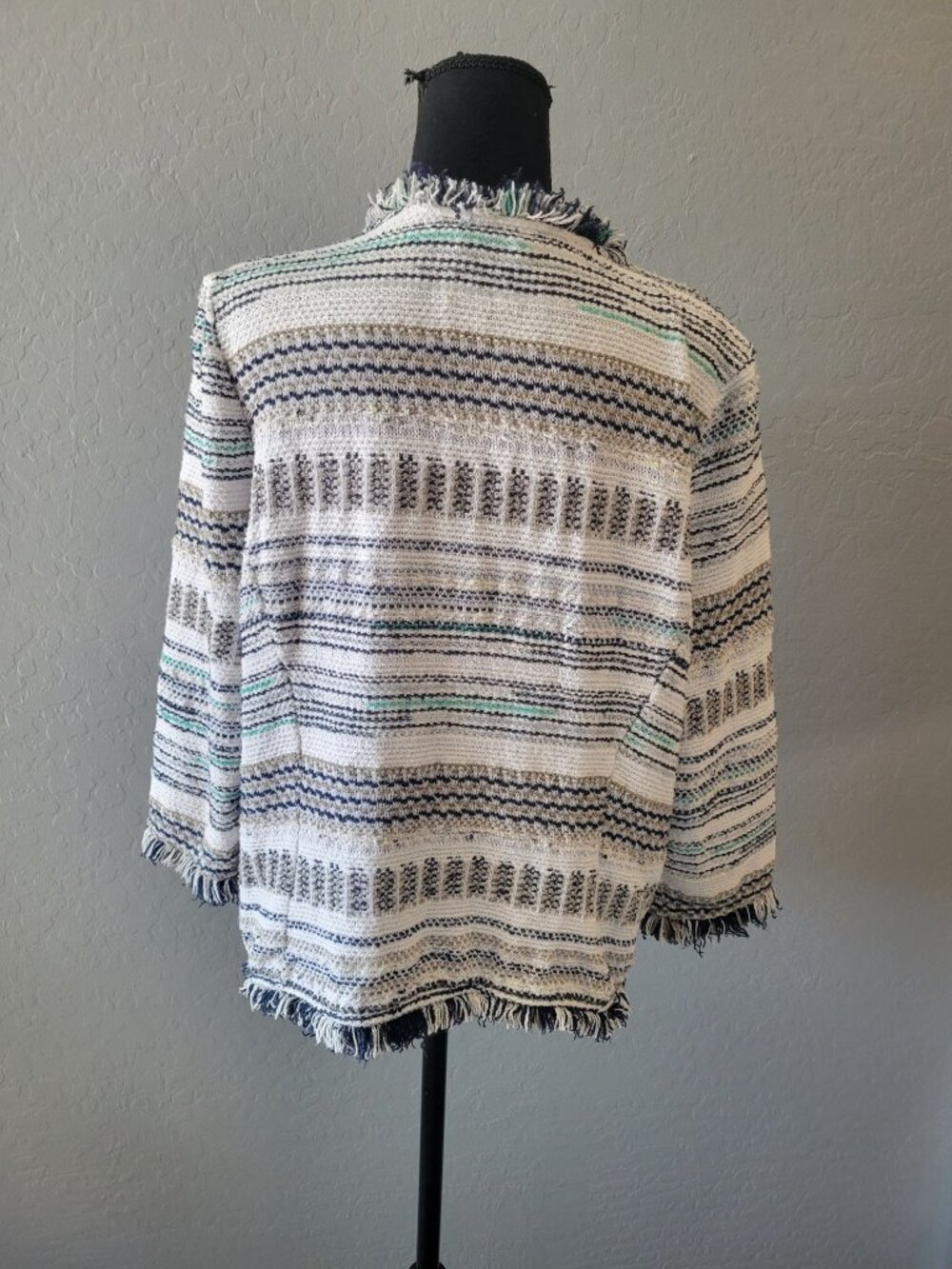 NIC+ZOE Women's Shake It Up jacket blue white striped textured knit fringe XL - Picture 7 of 12